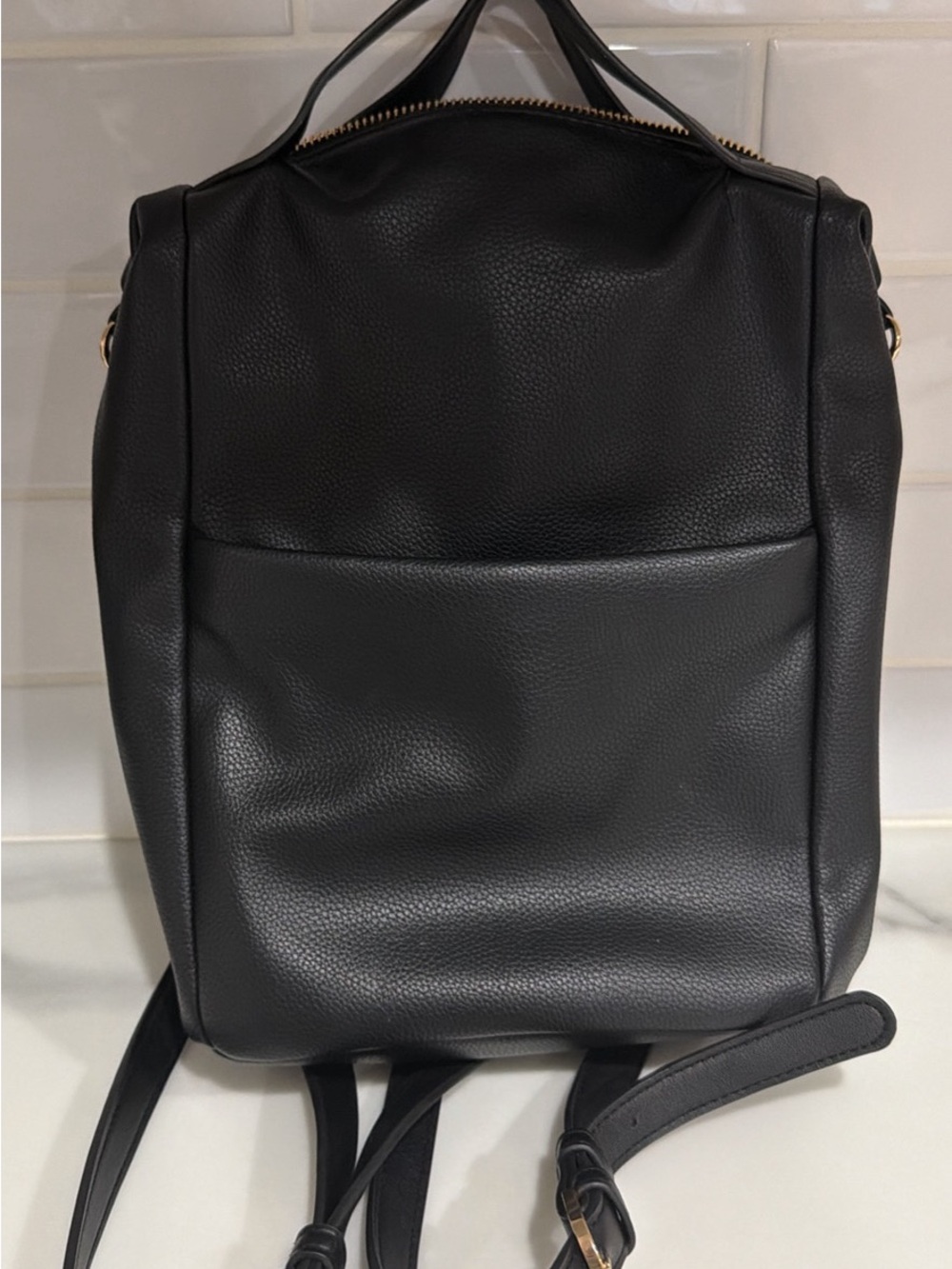 a new day Black Pebbled Faux Leather Backpack with Gold Accents